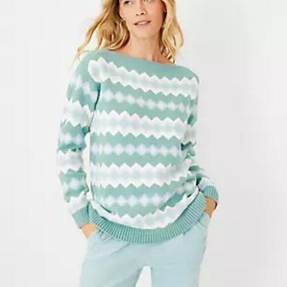 Ann Taylor Chevron Tunic Sweater M Fair Isle Diamond Relaxed Seafoam Green Blue - Picture 1 of 10